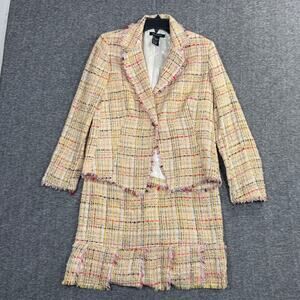 SILKLAND Skirt Suit Set Size M 10 Pink Multi Pastel Silk Blend Fringe Tweed